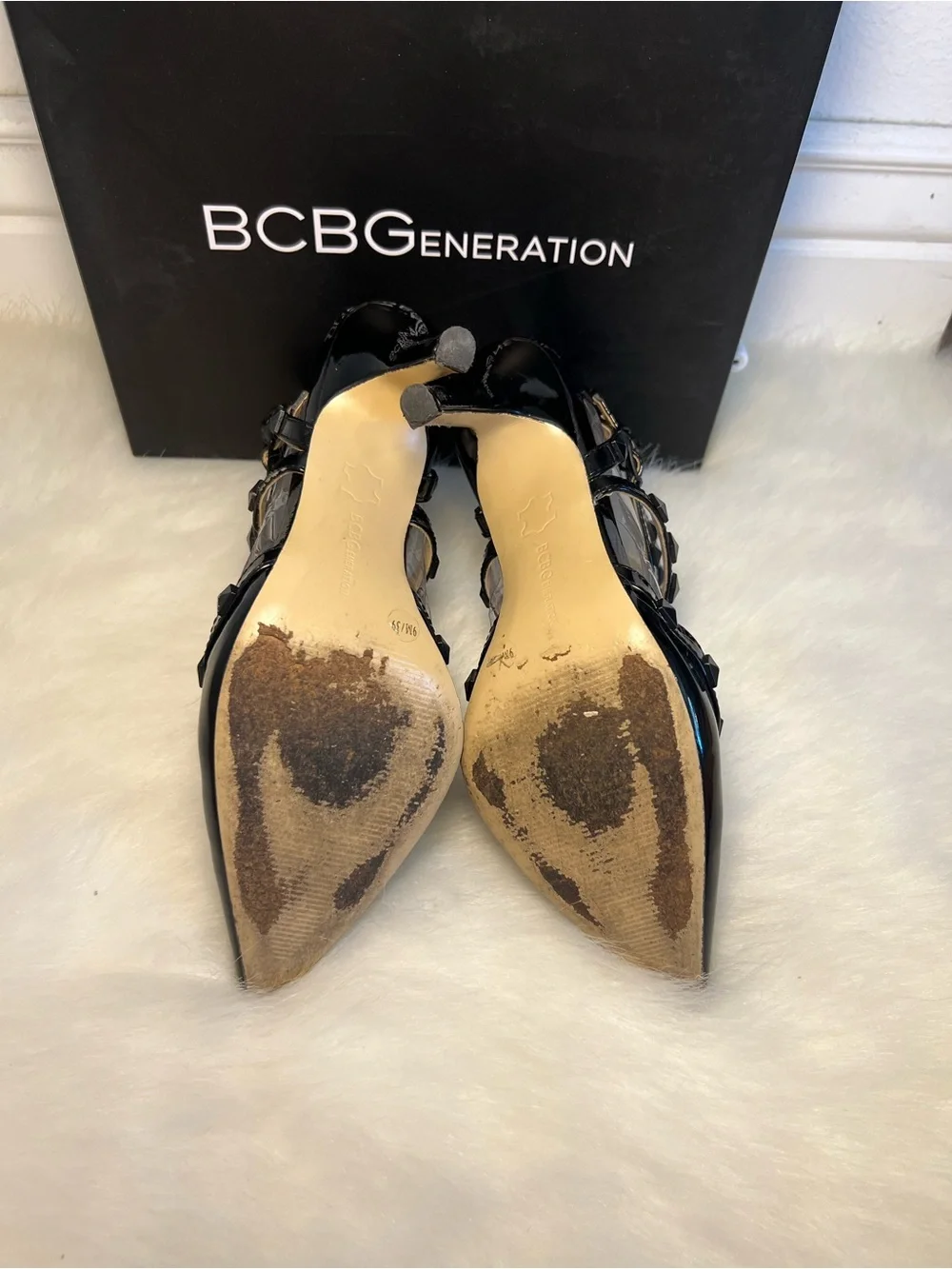BCBGeneration Darron Black Studded Strappy Pointed-Toe High Heels